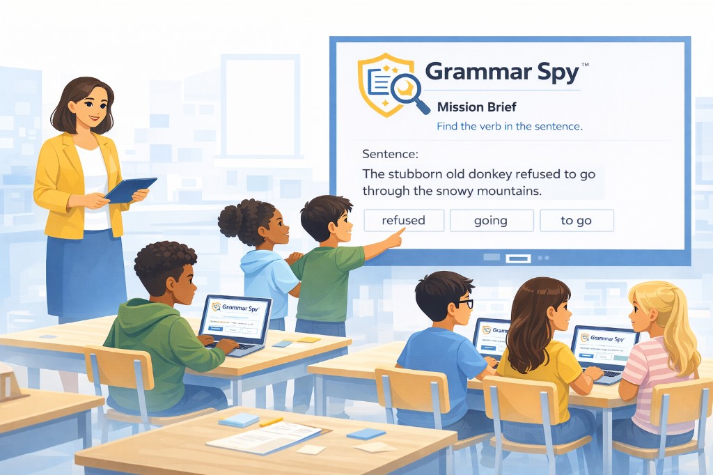 Classroom with teacher and students using Grammar Spy; mission brief on screen: Find the verb in the sentence.