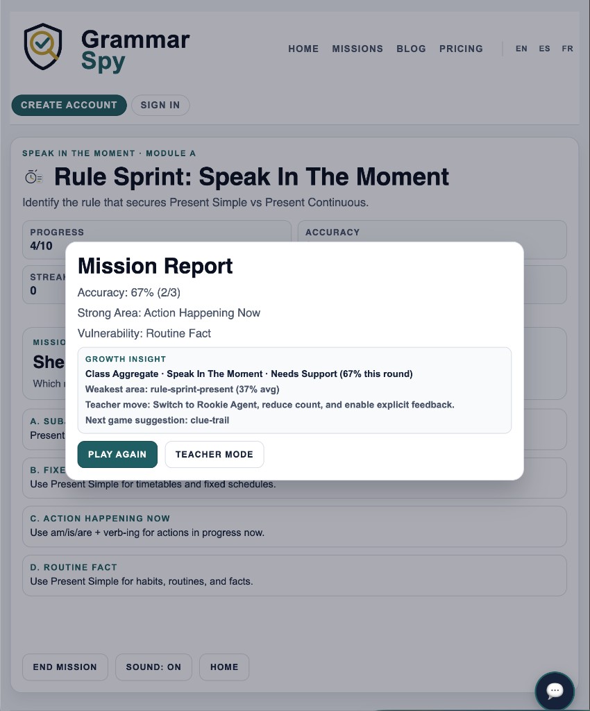 Mission Report showing accuracy, strong area, vulnerability, and next steps.