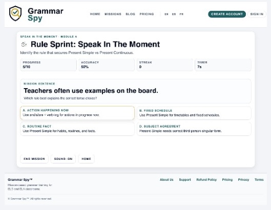 Rule Sprint mission screen with sentence and answer choices.
