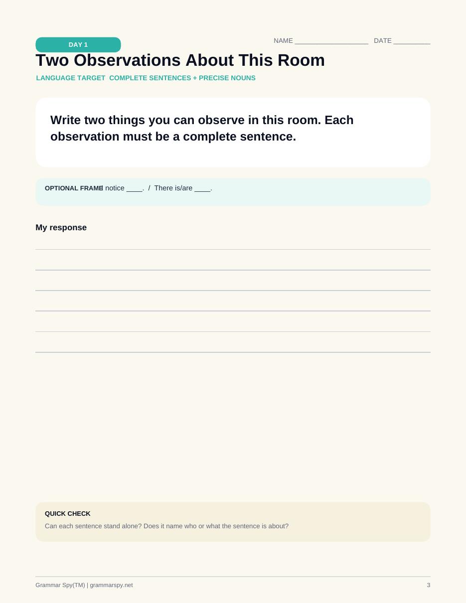 Day 1 student page: Two Observations About This Room, with an optional sentence frame, lined response space, and a quick check box.