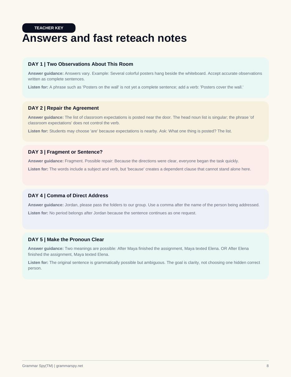 Teacher key page listing answer guidance and a listen-for note for each of the five days.