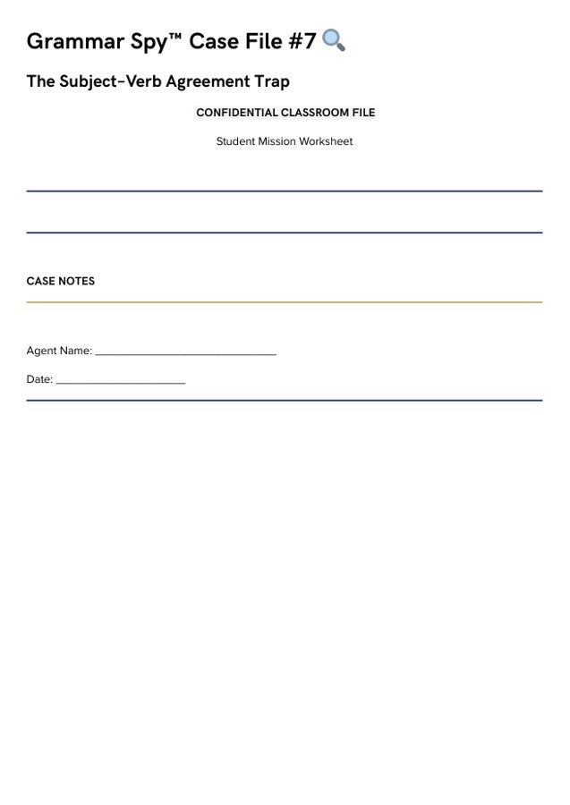 First page of the free Case File 007 subject-verb agreement worksheet